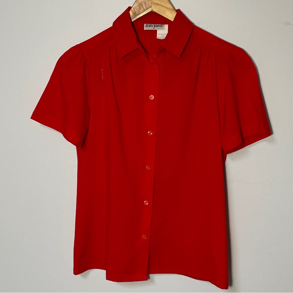 Vintage Judy‎ Bond Red Puff Sleeve Button Up Shirt Women’s Size 8